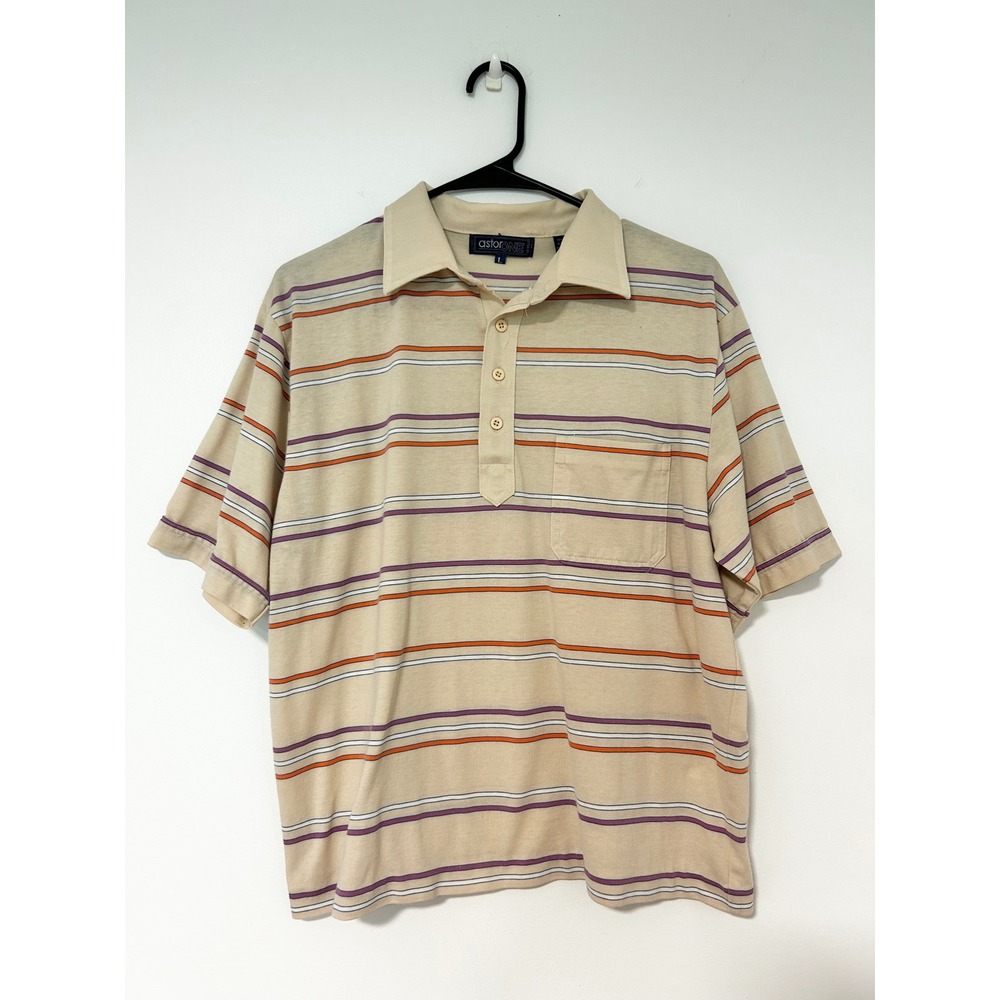 Astor One Mens Vintage Striped Short Sleeve Polo Shirt Tan Orange Purple Large